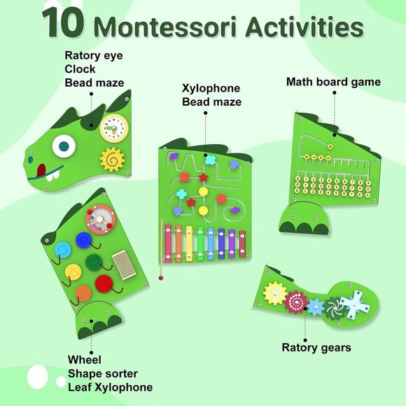 NEW Dinosaur Montessori Activity Wall Busy Board Panels Montessori Green lizard - Picture 3 of 5